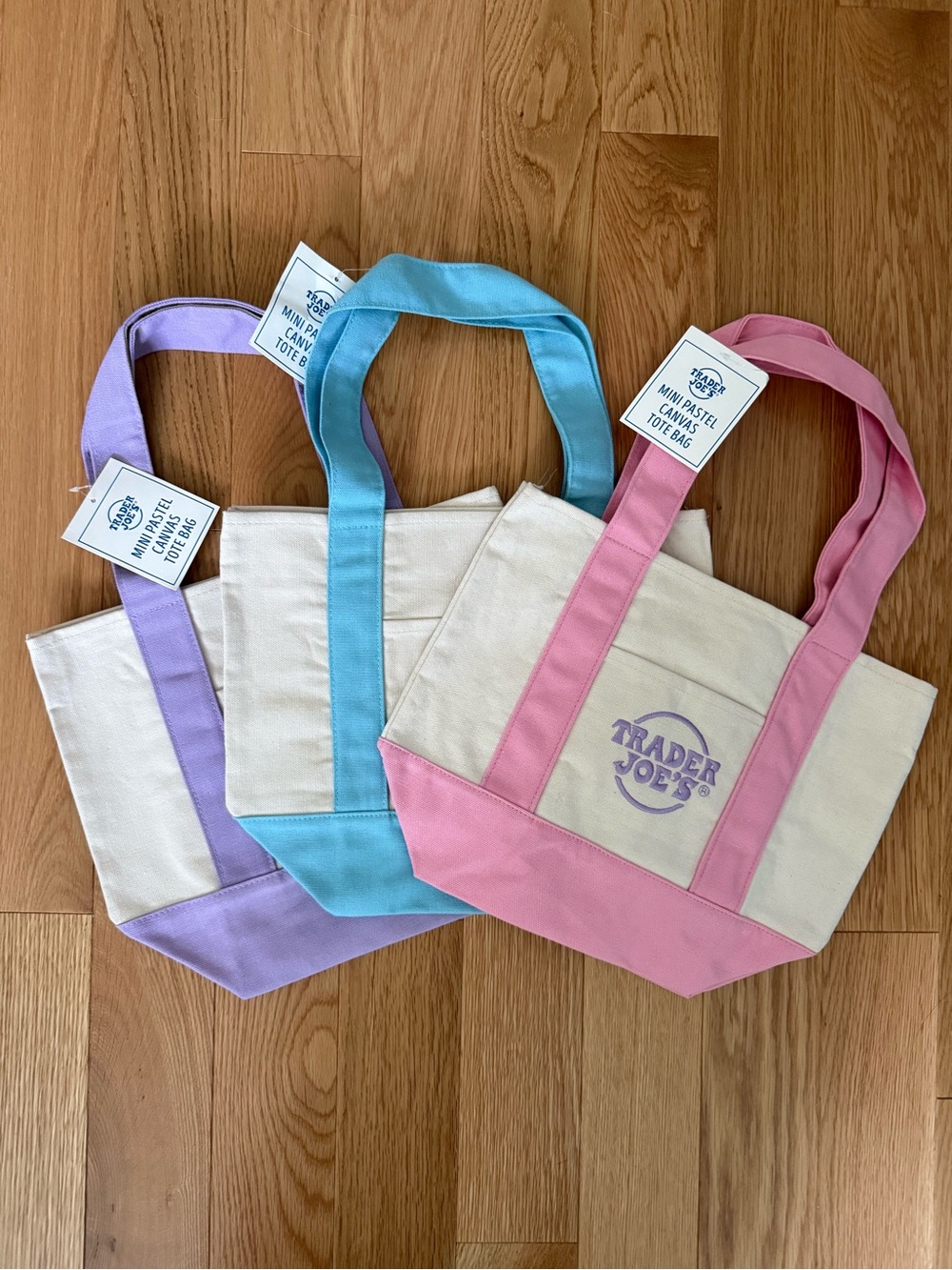 Trader Joe’s Canvas Tote Bag with Pastel Handles - 3 set (pink/blue/purple)